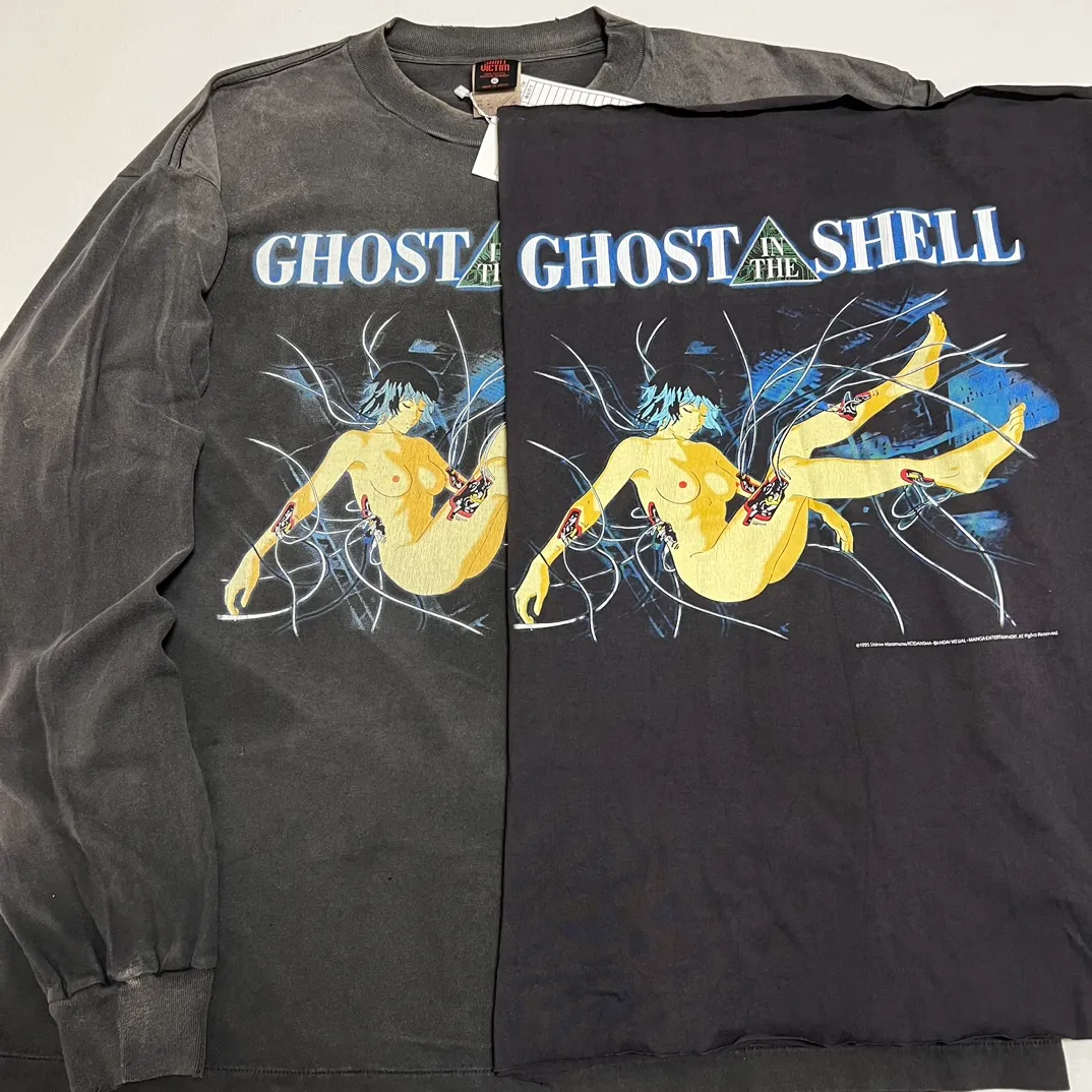 Printing proofing SAINT Mxxxxxx × GHOST IN THE SHELL Ghost in the Shell GS_LS TEE/GITS/BLK Big IP Ghost in the Shell joint model Sleeping Motoko Kusanagi Retro distressed long sleeves with holes Washed black S-XL
